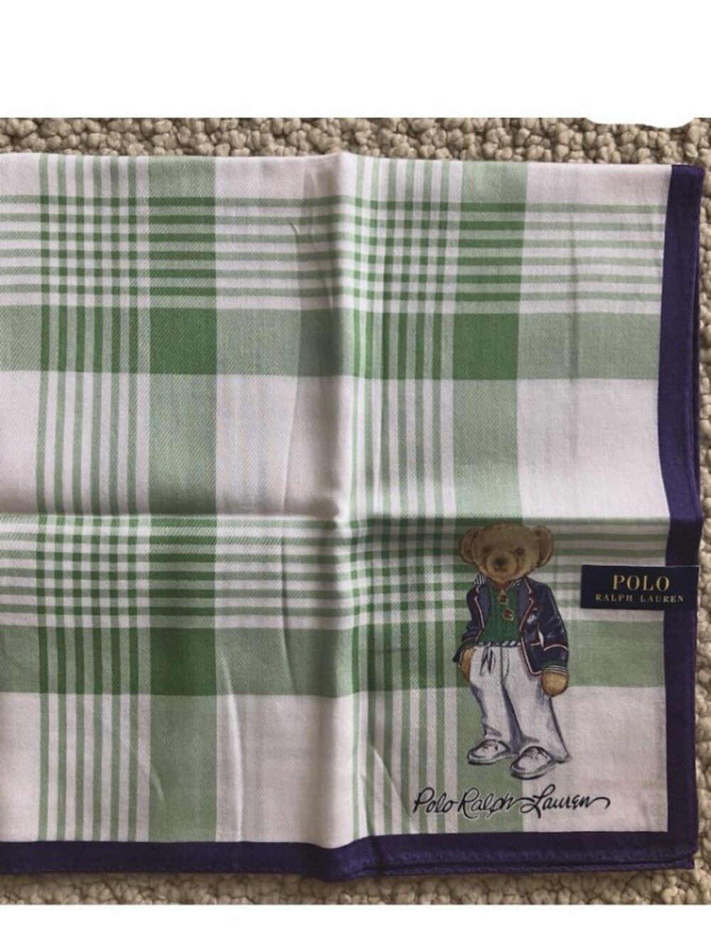 New Polo Ralph Lauren Bear Handkerchief Scarf Pocket Square Green Plaid